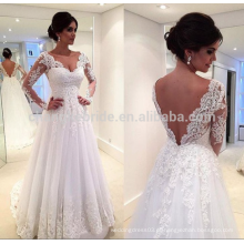 Hot Sale V Neckline Backless Tulle Lace Wedding Dress 2016 Manga comprida